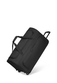 Grand sac duffle noir à roulettes avec poignée latérale, poche avant zippée et poignée rétractable déployée pour rouler.