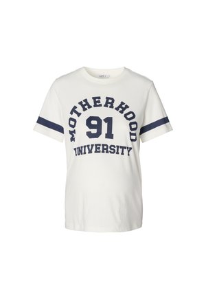 Biała bawełniana koszulka z granatowymi literami i paskami. Na koszulce widnieje napis "MOTHERHOOD UNIVERSITY" oraz wyraźnie widoczny numer "91".