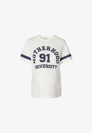 Biała bawełniana koszulka z granatowymi literami i paskami. Na koszulce widnieje napis "MOTHERHOOD UNIVERSITY" oraz wyraźnie widoczny numer "91".