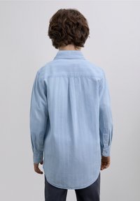 Hellblaues langärmeliges Hemd mit vertikalen weißen Streifen, spitzem Kragen, Knopfmanschetten und abgerundetem Saum, Rückansicht.