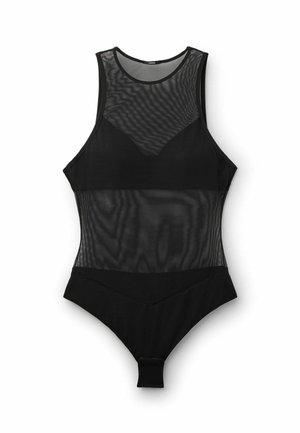 Body noir sans manches avec panneaux en mesh transparent sur la partie supérieure de la poitrine et la taille, tissu uni sur la poitrine et le bas du torse.