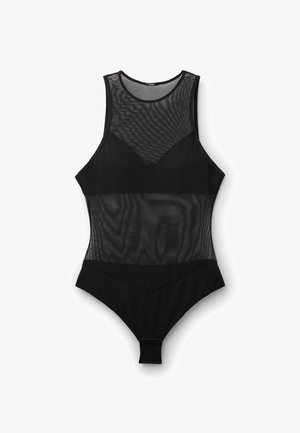 Black sleeveless bodysuit with sheer mesh panels on upper chest and midsection, solid fabric on bust and lower torso.