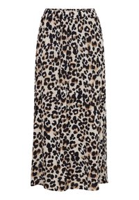 Maxi nederdel med leopardmønster i en sort og beige farvepalet, der har et blødt stof, elastisk talje og en svajende design.