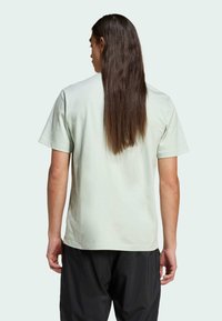 T-shirt in cotone verde chiaro con maniche corte, vestibilità rilassata e scollatura rotonda, mostrato di spalle. Capelli lunghi scuri visibili.