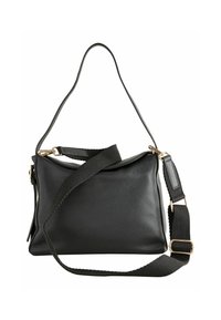 Čierna kožená crossbody taška s textúrovaným povrchom, s pleteným ramenným popruhom a akcentmi zlatého kovania.