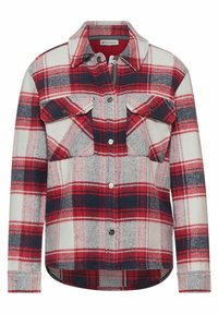 Rood, marineblauw en witte geruite flanellen shirt met een knoopsluiting aan de voorkant, twee borstzakken en een afgeronde zoom. Geweven stof, lange mouwen.