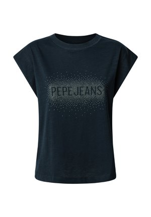 Marineblauwe katoenen t-shirt met korte, brede mouwen en een ronde halslijn. Voorzien van "PEPEJEANS" in metalen studs op de voorkant.