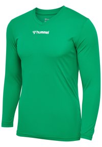 Langärmliges grünes Sportshirt aus atmungsaktivem Material. Mit V-Ausschnitt und einem kleinen weißen Logo auf der Brust. Glatte Textur.