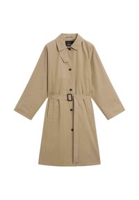 Manteau trench beige jusqu'aux genoux avec col, fermeture par boutons, taille ceinturée et poches latérales, posé à plat sur fond blanc.