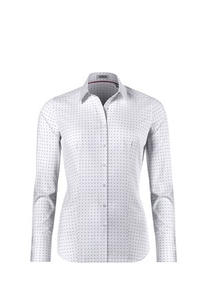 Camicia bianca a maniche lunghe, con un piccolo motivo a pois blu e neri. Chiusura anteriore con bottoni e colletto a punta. Tessuto dalla trama liscia.