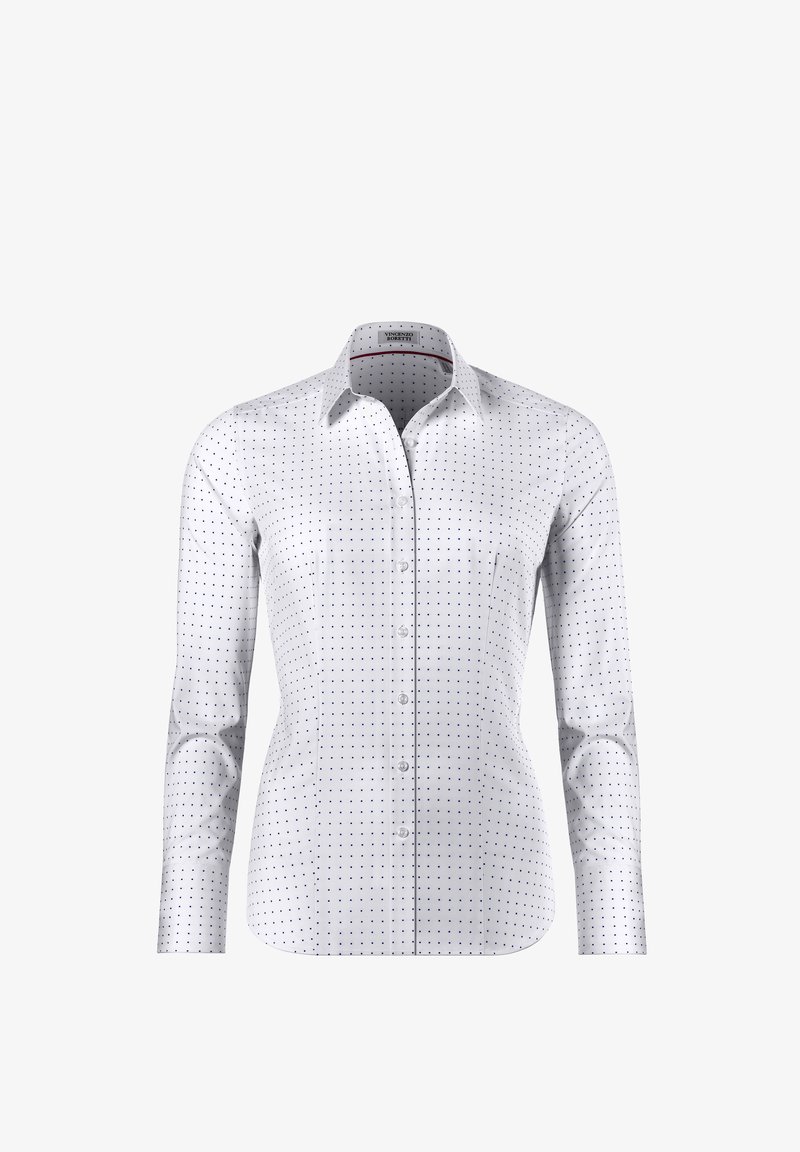 Chemise blanche à manches longues, ornée d'un petit motif à pois bleu et noir. Fermeture à boutons à l'avant avec un col pointu. Texture de tissu lisse.