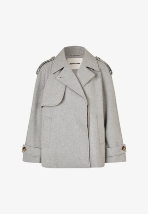 Grijze wollen mix jas met een geknipt kraag, asymmetrische klep, zijzakken en knoopmanchetten. Bevat metallic schouderaccenten.