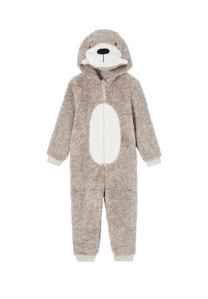 Pijama de una pieza suave para niños con capucha en forma de oso, con parche blanco en el vientre y cara de oso en la capucha.