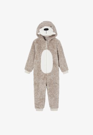 Pijama de una pieza suave para niños con capucha en forma de oso, con parche blanco en el vientre y cara de oso en la capucha.