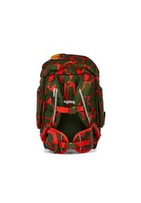 Grüner und roter Rucksack mit Muster, verstellbaren Trägern, einem oberen Griff, Fronttaschen und ergonomischem Design für Komfort. Mit reflektierenden Elementen ausgestattet.