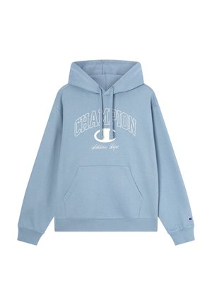 Hellblaue Kapuzenjacke mit Kordelzugkapuze, großen Fronttasche und weißem "CHAMPION Athletics Dept"-Text. Mit gerippten Bündchen und Saum.