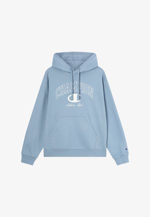 Jasnoniebieska bluza z kapturem, z regulowanym sznurkiem, dużą przednią kieszenią oraz białym napisem "CHAMPION Athletics Dept". Posiada ściągacze przy mankietach i na dole.