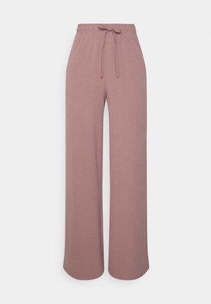 Mauve szerokie spodnie do noszenia w domu z elastycznym pasem i regulowanym sznurkiem z przodu, miękki materiał, luźny krój.