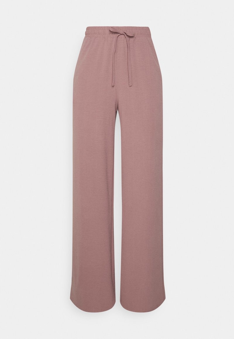 Pantalon lounge mauve à jambes larges avec ceinture élastique et cordon réglable à l'avant, tissu doux, coupe décontractée.