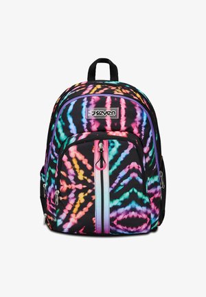 Zaino tie-dye multicolore con base nera, due compartimenti con cerniera, una maniglia superiore e una striscia riflettente. Tessuto resistente.