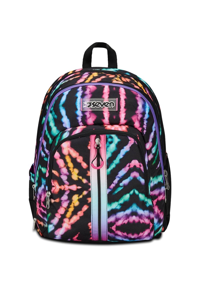 Zaino tie-dye multicolore con base nera, due compartimenti con cerniera, una maniglia superiore e una striscia riflettente. Tessuto resistente.