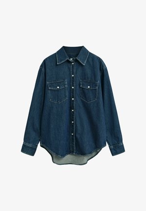 Dunkelblaue Jeanshemd mit langen Ärmeln, durchgehender Knopfleiste, zwei Brusttaschen und abgerundetem Saum. Verfügt über einen klassischen Kragen und tonal abgestickte Nähte.