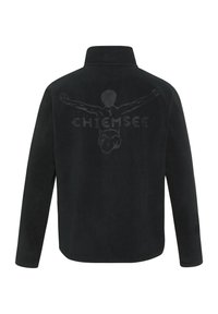 Black fleece jacket with a high collar, featuring a large graphic print on the back that includes the word "CHIEMSEE" and a figure with outstretched arms.
