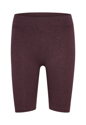 Bordeauxfarbene Fahrradhosen aus Stretchstoff, mit einem elastischen Bund und glatter Textur, die bis zur Mitte des Oberschenkels reichen.