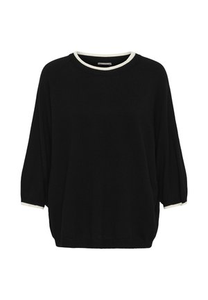Zwarte loose-fit sweater met 3/4 mouwen, witte afwerking op de ronde Halslijn en mouwmanchetten.