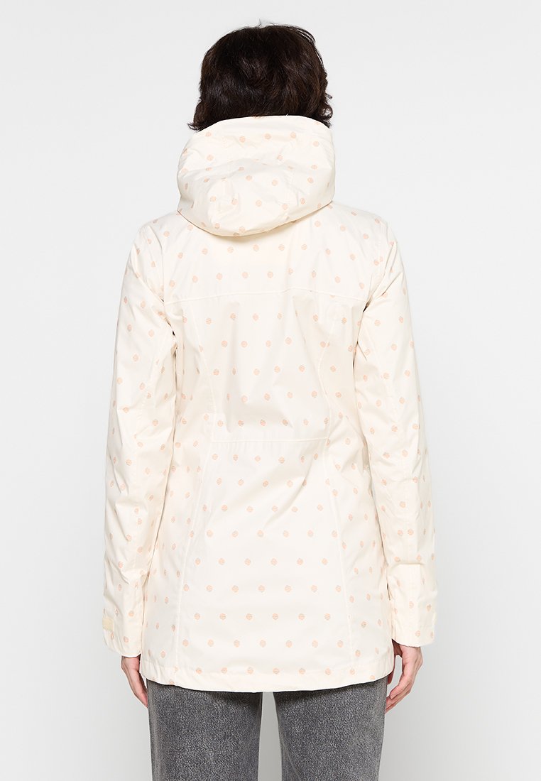 Lichtgewicht, crèmekleurige jas met een capuchon, voorzien van een herhalend roze stippenpatroon en een trekkoord in de taille voor een verstelbare pasvorm.