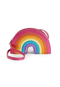 Regenbogenförmige Umhängetasche aus mehrlagigem metallic Leder in Pink, Orange, Gelb, Grün und Blau mit verstellbarem Gürtel.