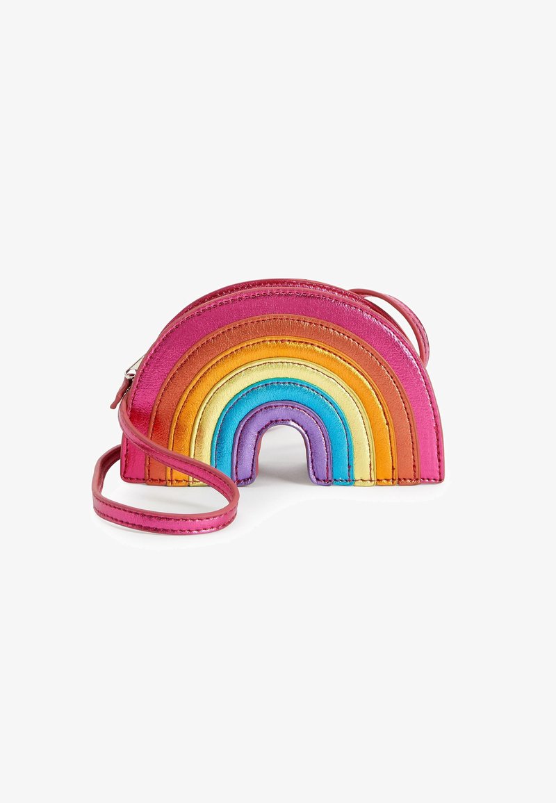 Regenbogenförmige Umhängetasche aus mehrlagigem metallic Leder in Pink, Orange, Gelb, Grün und Blau mit verstellbarem Gürtel.
