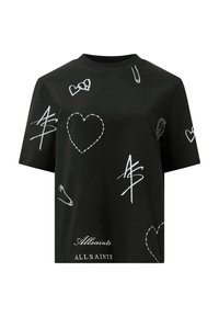 Musta puuvillapaita, jossa on pyöreä pääntie. Paidassa on valkoisia graafisia kuvioita, kuten sydämiä, turvaneuloja ja brändin nimi "Allsaints."