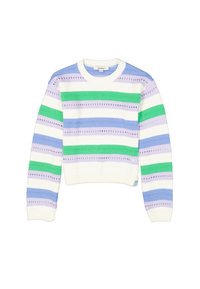 Gestreepte trui met afwisselende blauwe, groene en witte kleuren. Gemaakt van gebreide stof met geribbelde mouwen en zoom. Decoratief gaatjespatroon.