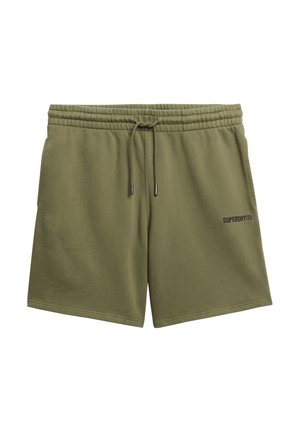 Oliwkowe szorty wykonane z gładkiego materiału, z elastycznym paskiem w talii, sznurkiem ściągającym oraz bocznymi kieszeniami. Na szortach znajduje się czarne logo "Superdry".