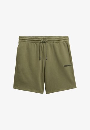 Oliwkowe szorty wykonane z gładkiego materiału, z elastycznym paskiem w talii, sznurkiem ściągającym oraz bocznymi kieszeniami. Na szortach znajduje się czarne logo "Superdry".