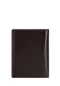 Portafoglio in pelle marrone, texture liscia, design rettangolare, cuciture minimali e finitura lucida senza hardware o modelli visibili.