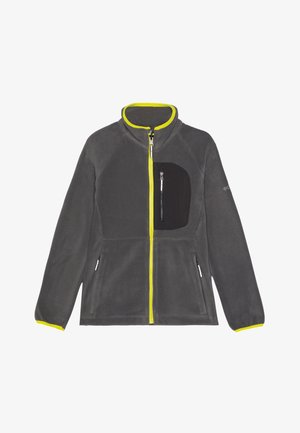 Ciemnoszara polarowa kurtka z neonowożółtym zamkiem błyskawicznym i wykończeniem kołnierza, czarną kieszenią na klatce piersiowej z zamkiem oraz dwiema bocznymi kieszeniami na zamek.