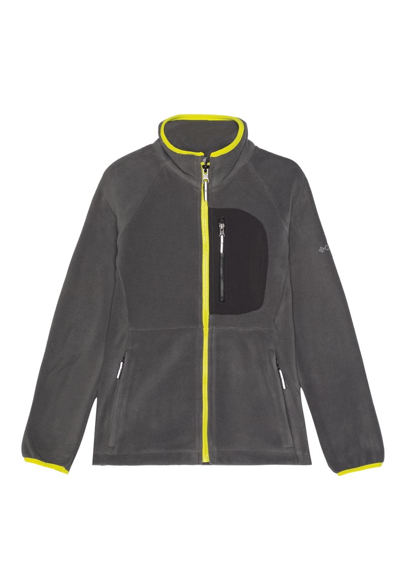 Ciemnoszara polarowa kurtka z neonowożółtym zamkiem błyskawicznym i wykończeniem kołnierza, czarną kieszenią na klatce piersiowej z zamkiem oraz dwiema bocznymi kieszeniami na zamek.