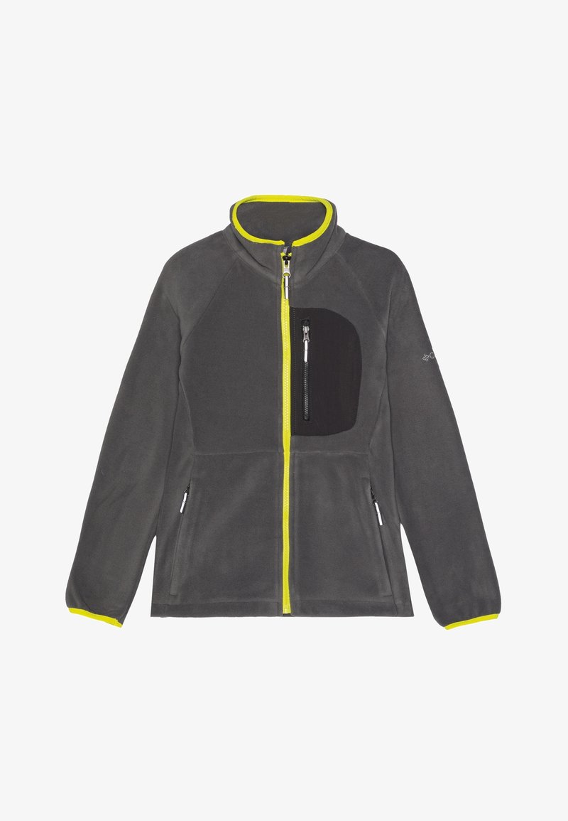 Ciemnoszara polarowa kurtka z neonowożółtym zamkiem błyskawicznym i wykończeniem kołnierza, czarną kieszenią na klatce piersiowej z zamkiem oraz dwiema bocznymi kieszeniami na zamek.
