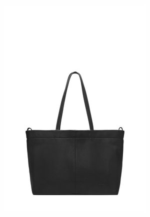 Schwarze Leder-Tragetasche mit zwei langen Griffen und einer glatten, leicht strukturierten Oberfläche, rechteckige Form, ohne sichtbare Verschlüsse.