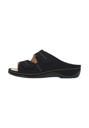 Schwarze offene Sandale zum Hineinschlüpfen mit zwei verstellbaren Klettverschlüssen und kontrastierenden weißen Nähten an Sohle und Oberteil.