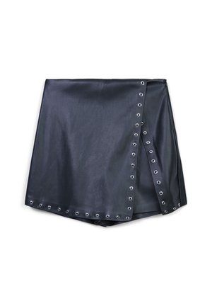 Black faux leather mini skirt with silver metal eyelet trim along the front overlap and bottom hem, displayed flat on a white background.
