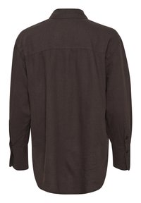 Long-sleeve shirt in dark brown linen, features a classic collar, back yoke, and button cuffs. Smooth texture with a tailored fit.