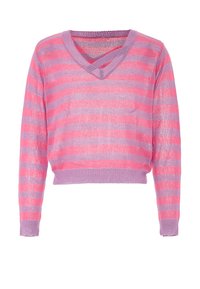Maglione a maniche lunghe, con scollo a V, realizzato in tessuto a maglia leggero con righe orizzontali rosa e viola e orli e polsini a coste.