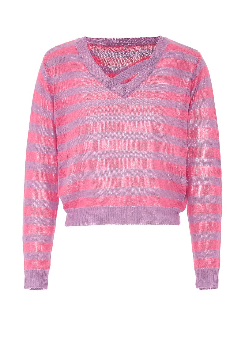 Maglione a maniche lunghe, con scollo a V, realizzato in tessuto a maglia leggero con righe orizzontali rosa e viola e orli e polsini a coste.