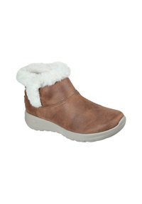 Brown leather ankle boot with a white fur cuff, rounded toe, and a cushioned gray outsole. Smooth texture and simple design.