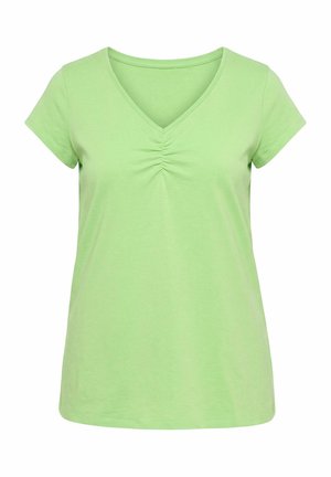 Hellgrünes Kurzarm-V-Shirt mit leichtem Raffdetail in der Mitte des vorderen Ausschnitts.
