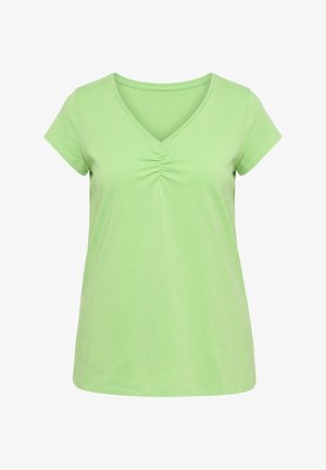 Hellgrünes Kurzarm-V-Shirt mit leichtem Raffdetail in der Mitte des vorderen Ausschnitts.