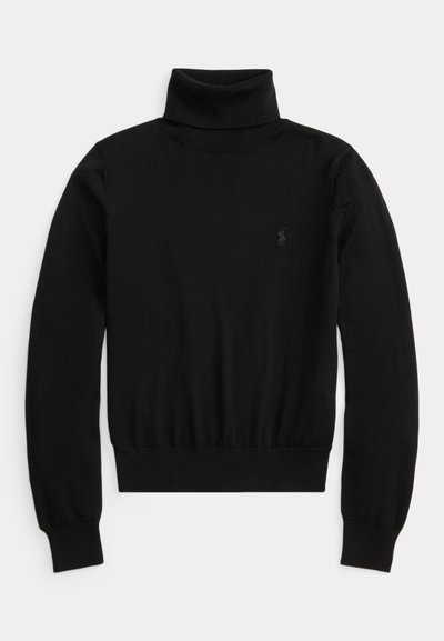 Pull noir à col roulé manches longues avec poignets et ourlet côtelés, comportant un logo brodé discret sur la poitrine gauche.